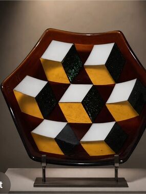 Geometric Fused Glass Art bowl Amber/White/Iridescent Green by Courtney Coffman
